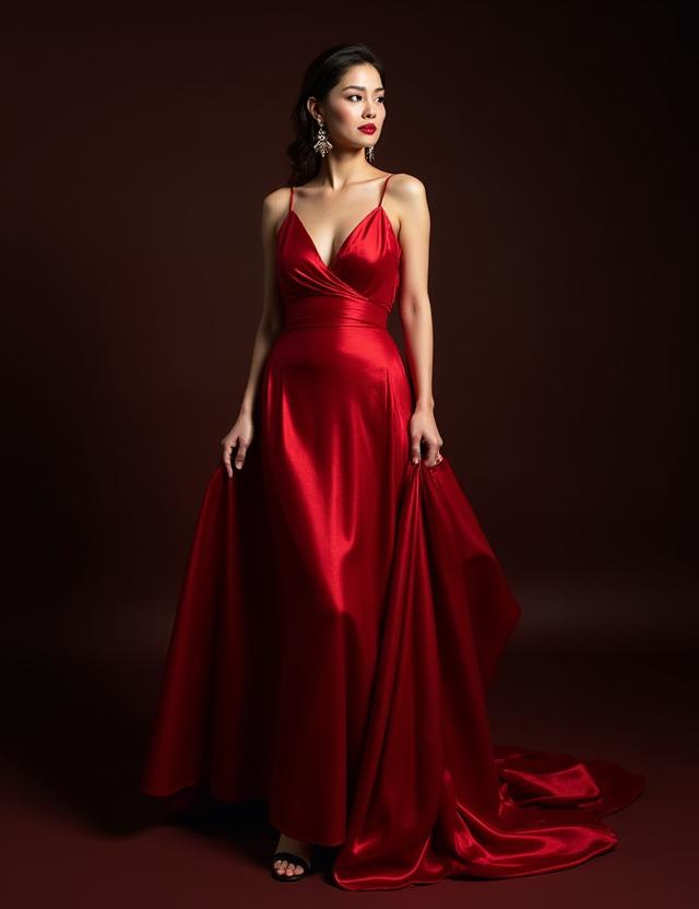Modella con un elegante abito da sera rosso in seta.