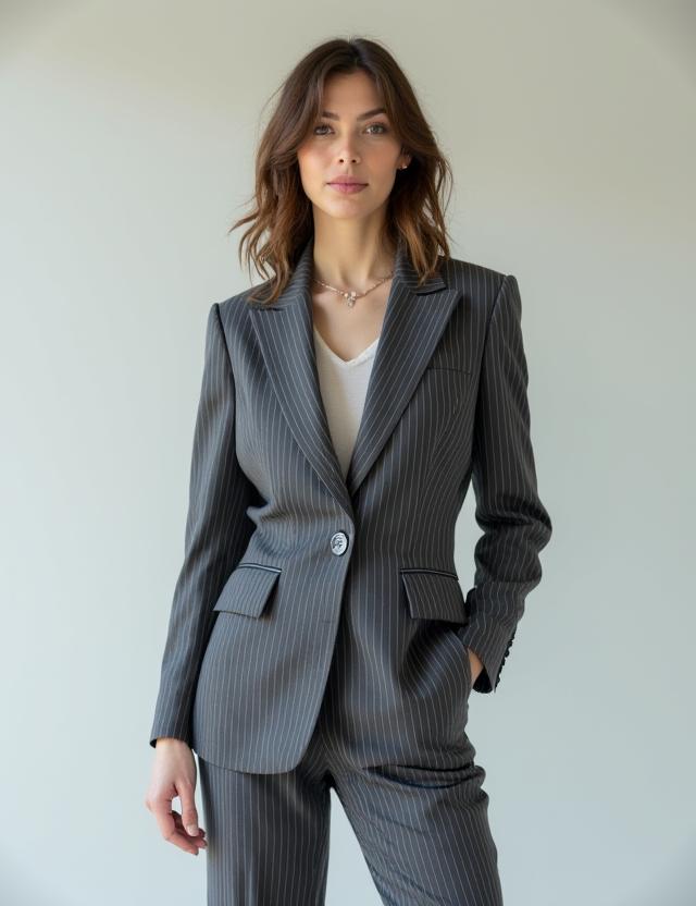 Una donna che indossa un tailleur gessato grigio dal taglio moderno.