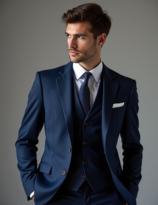 Modello indossa un completo blu sartoriale su misura di Leone Sartoriale.
