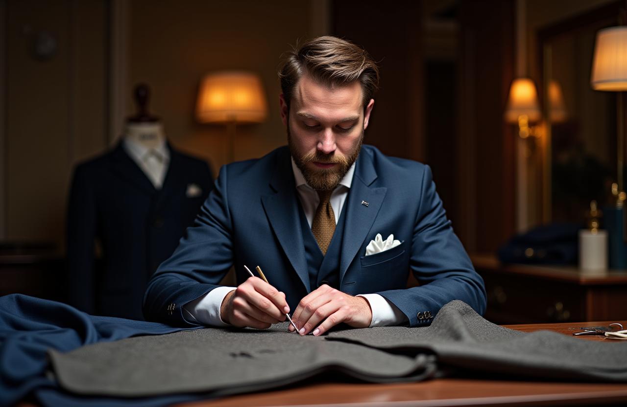 Un maestro sarto di Leone Sartoriale che lavora con precisione su un abito.