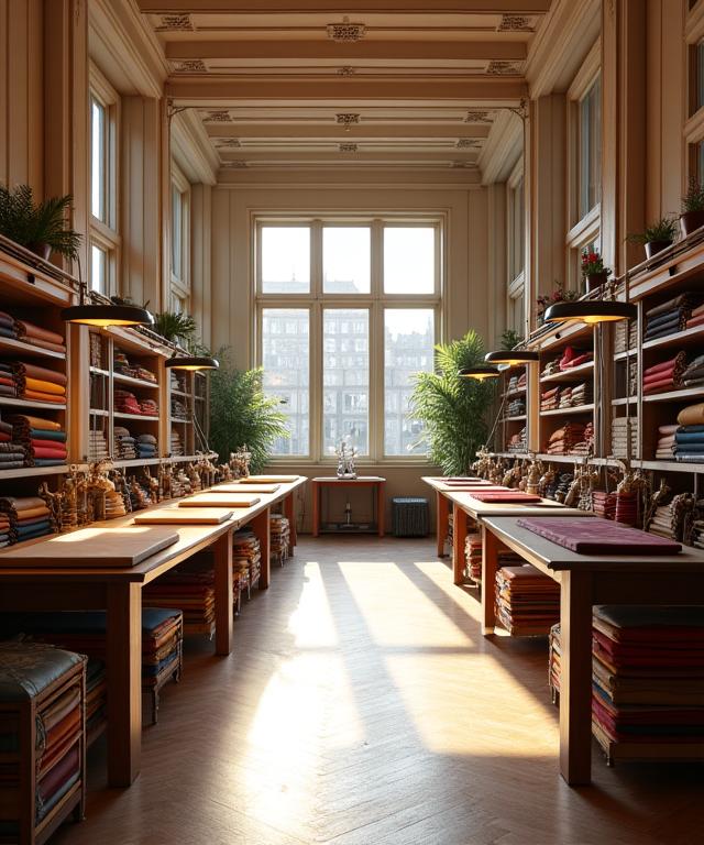L'interno elegante e luminoso dell'atelier Leone Sartoriale a Milano, con rotoli di tessuto e postazioni di lavoro.